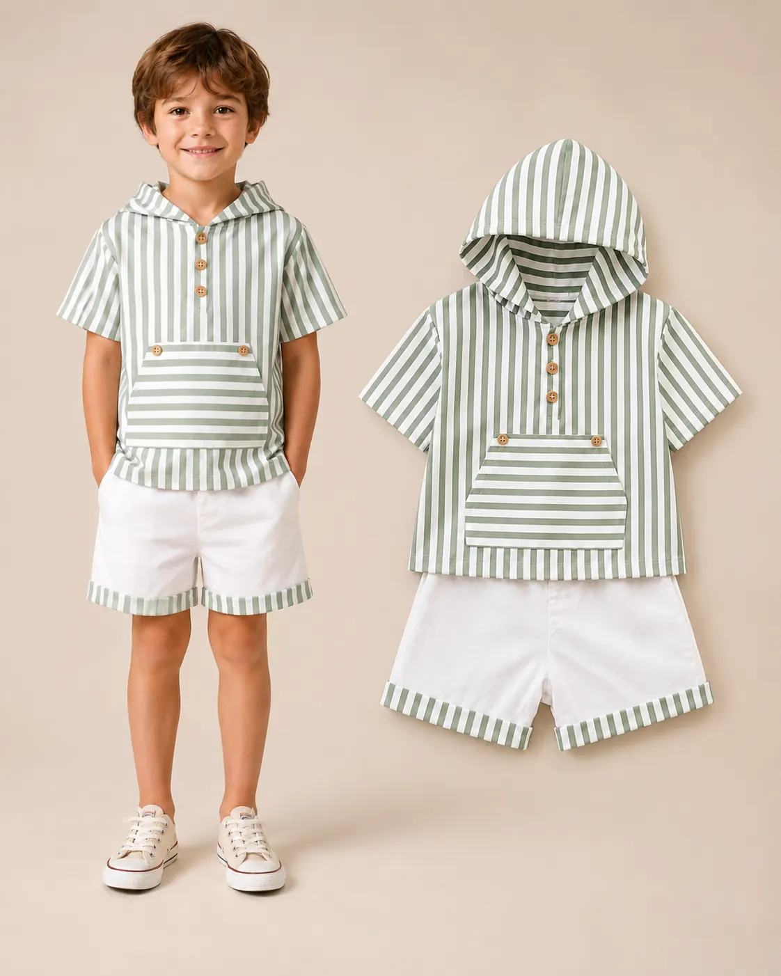 Conjunto infantil tela rayas verde y blanco para niño confeccionado artesanalmente